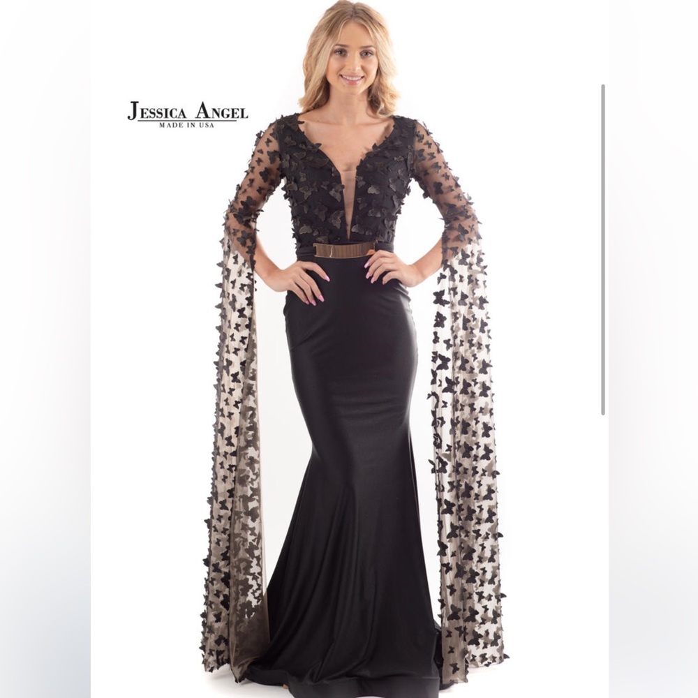 Elegant Black Gown with Sheer Butterfly Sleeves